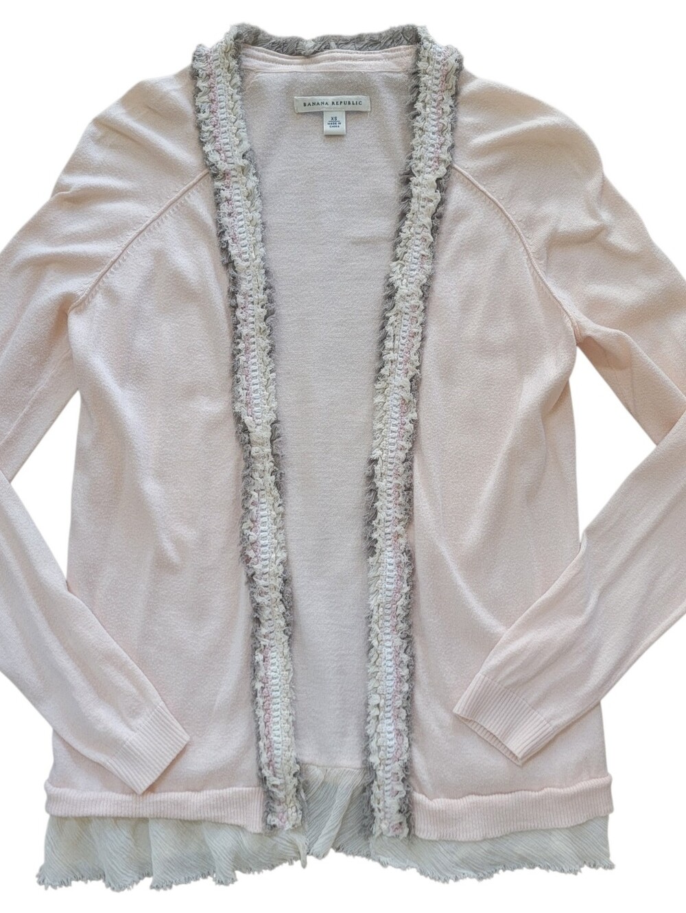 Banana Republic Women's 100% Cotton Light Pink Gray Ruffle Open Cardigan XS Chic